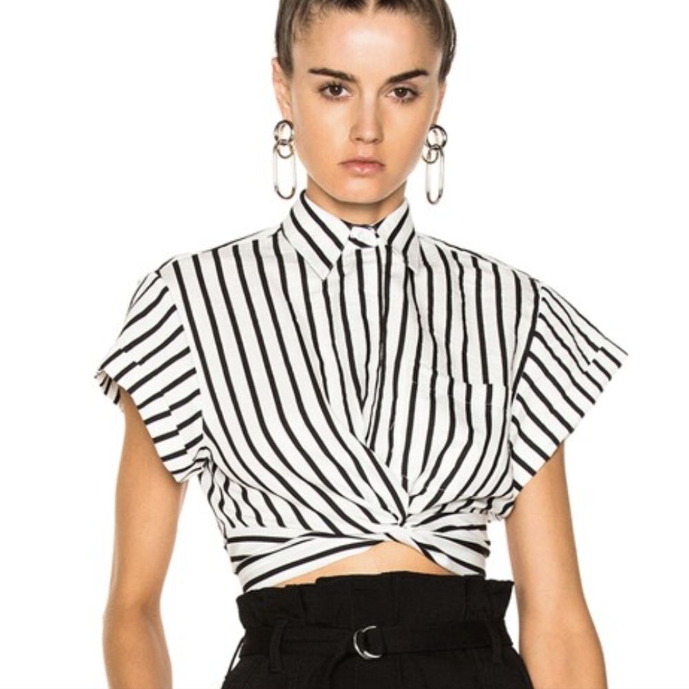 T By Alexander Wang Striped Cotton Twist Front Crop Short Sleeve Shirt - Size 4